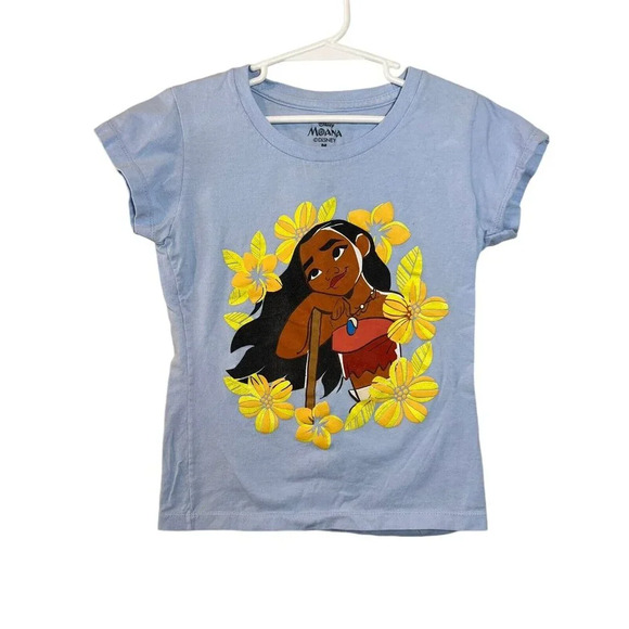 Disney Moana Girls T Shirt Medium Flowers Movie Short Sleeve Knit Cotton Top Kid - Picture 1 of 4